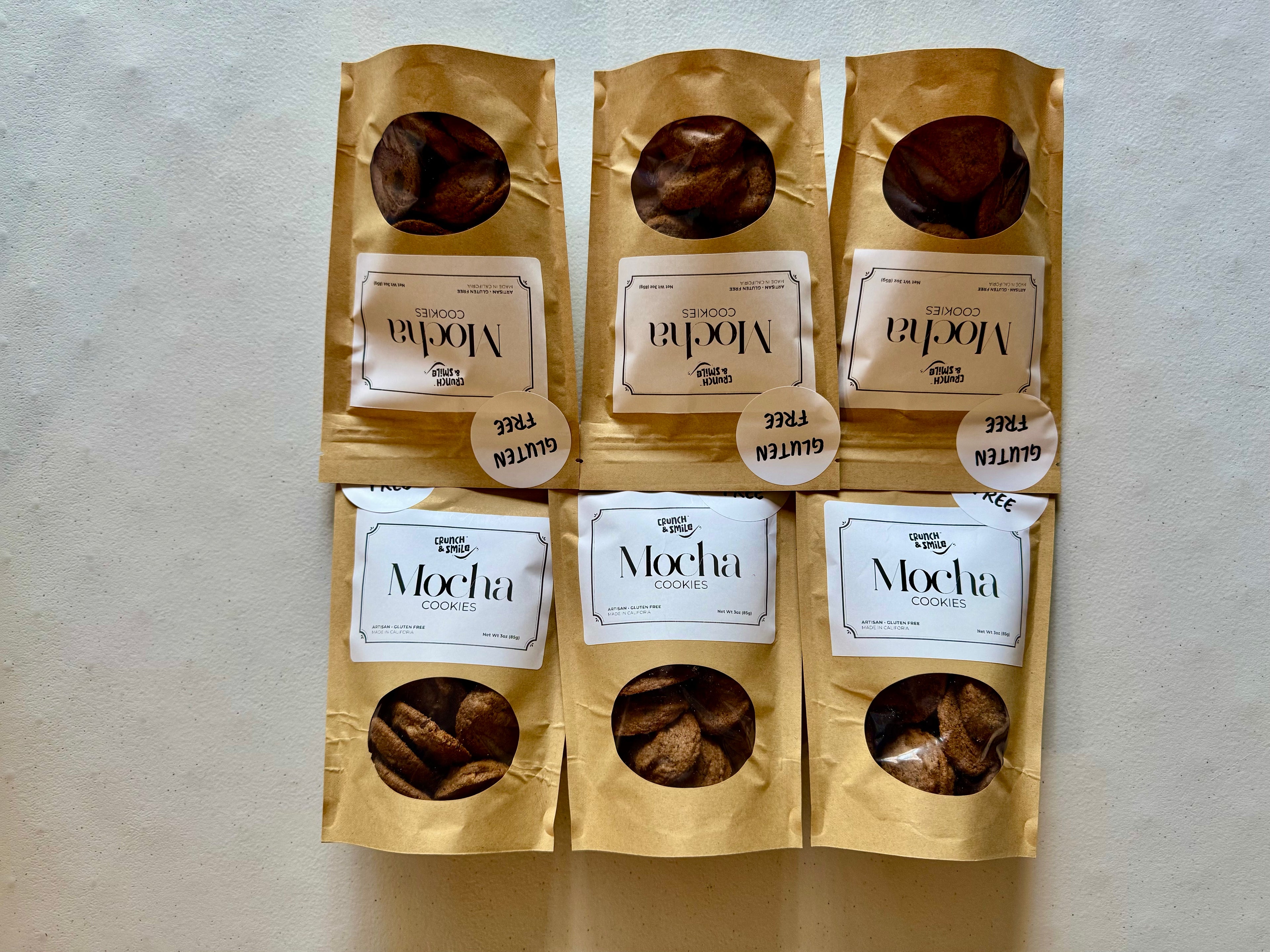 Mocha cookies variety pack in kraft brown bags, gluten-free artisan snack