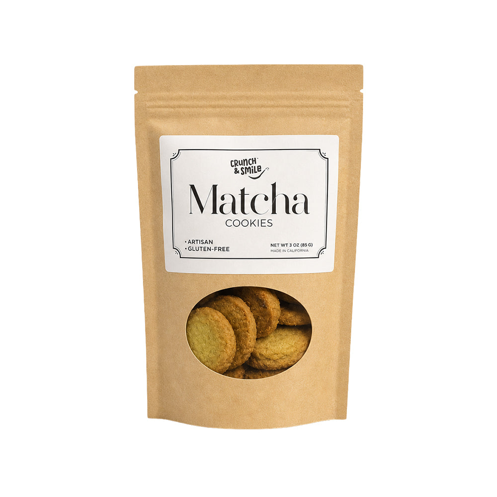 Crunch & Smile matcha cookies in kraft kraft bag, gluten-free artisan snack