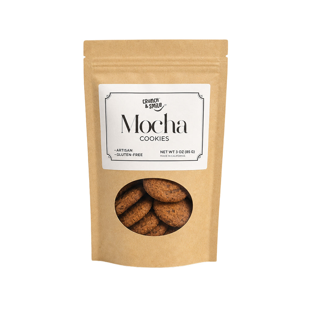 Mocha cookies in kraft brown paper bag, gluten-free artisanal baked cookies